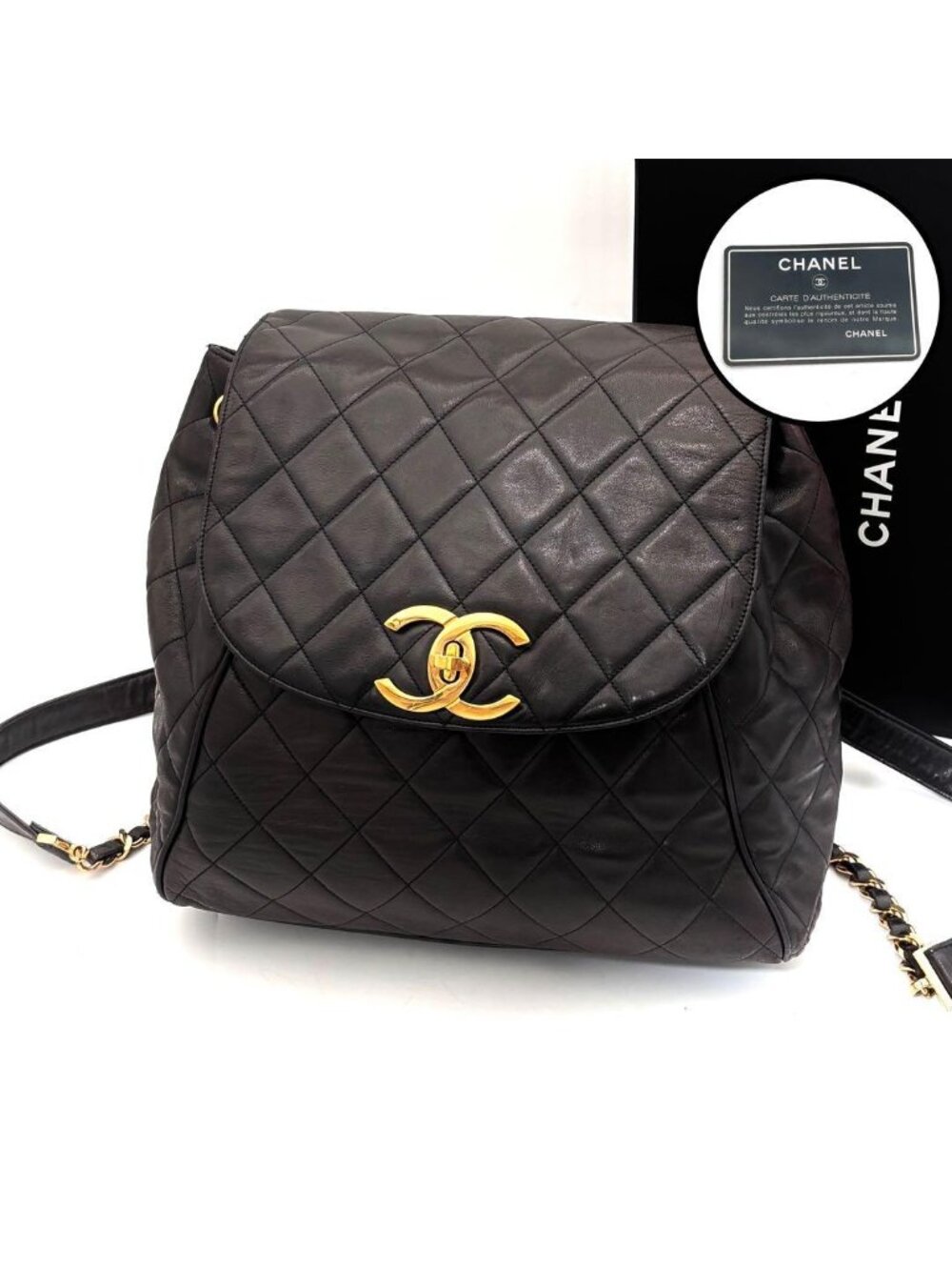 Chanel Quilted Backpack Black Lambskin Brown